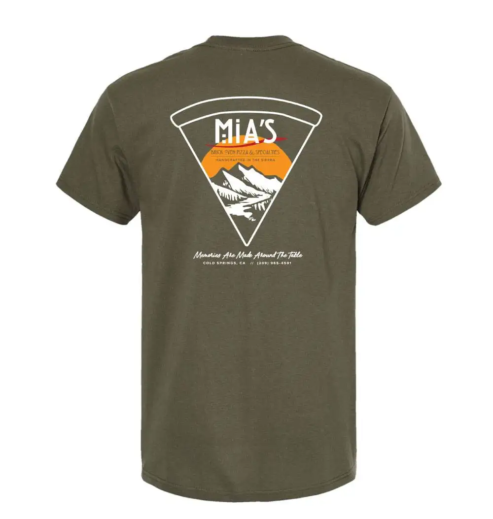 Mia's Brick Oven Pizza - Mountain Slice T-Shirt - Short Sleeve - Khaki Green - Back