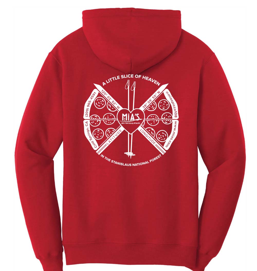 Mia's Pizza Skis - Red Hoodie - Back of sweatshirt graphic