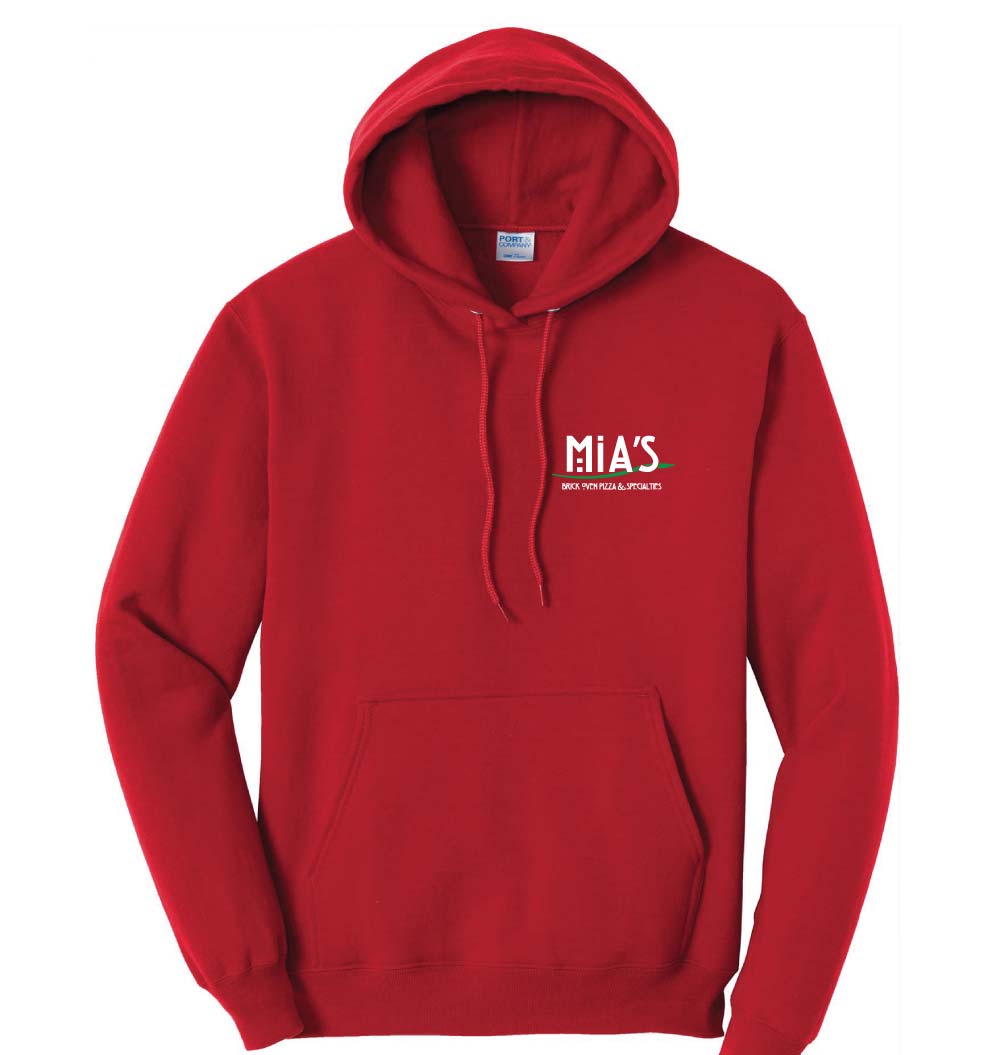 Mia's Pizza Skis - Red Hoodie - Front of sweatshirt graphic