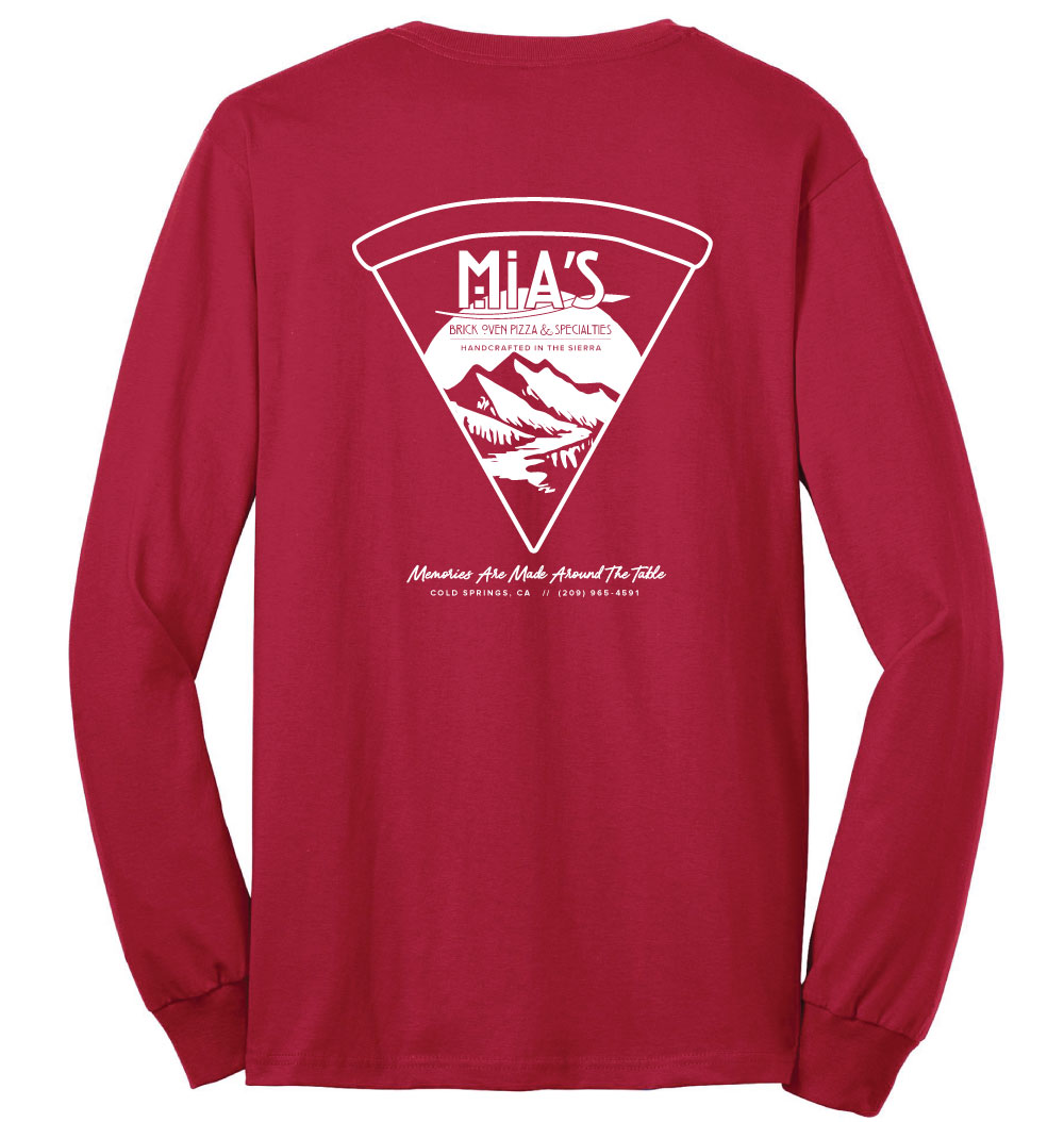 Mia's Pizza Mountain Slice - Red Long Sleeve T-Shirt - Back of shirt graphic