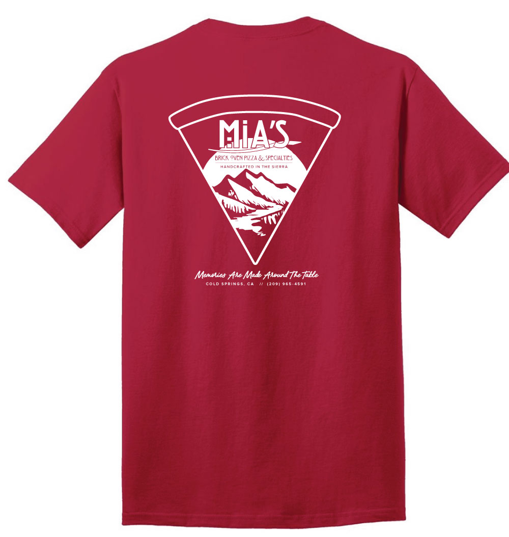 Mia's Pizza Mountain Slice - Red Long Sleeve T-Shirt - Back of shirt graphic